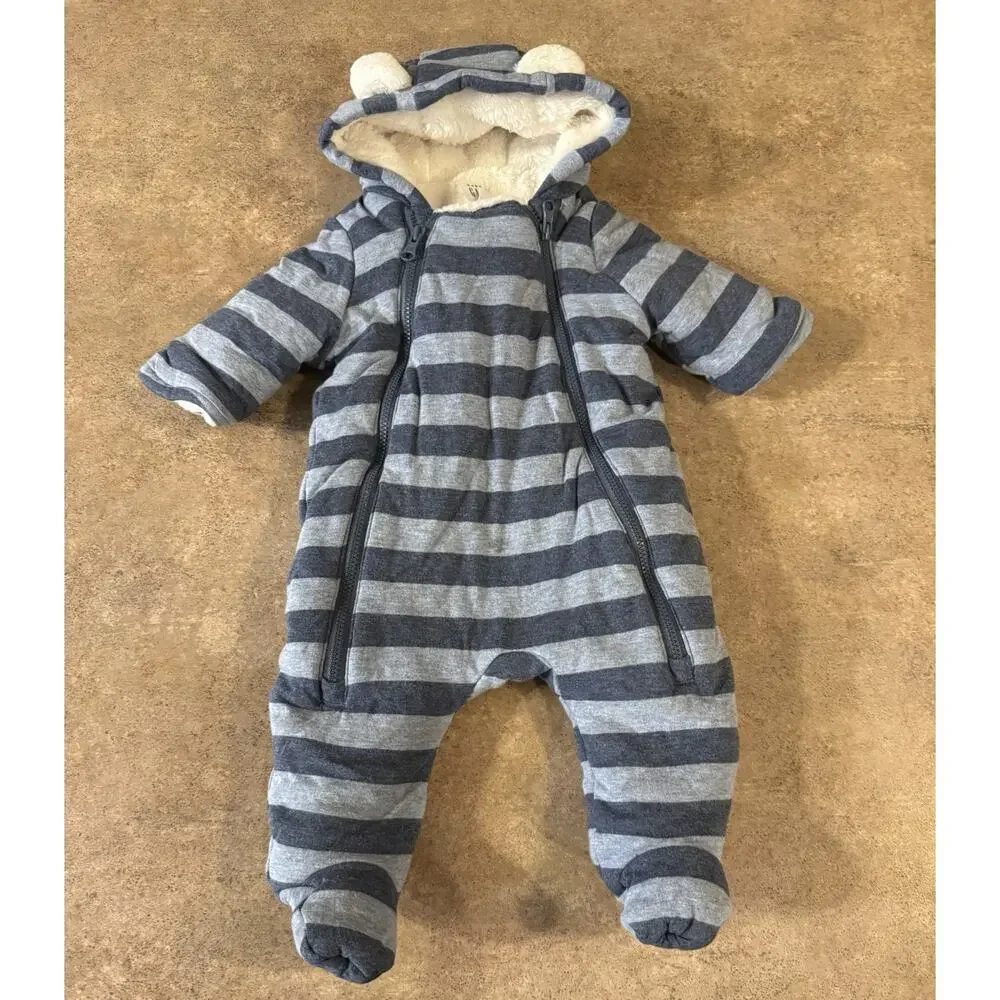 Baby Gap Winter Sherpa Lined Striped Snowsuit in Blue, Size 0-3Months
